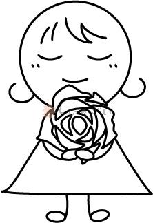 バラの花を抱えた女の子のイラスト ちびそざい 白黒おたよりイラスト